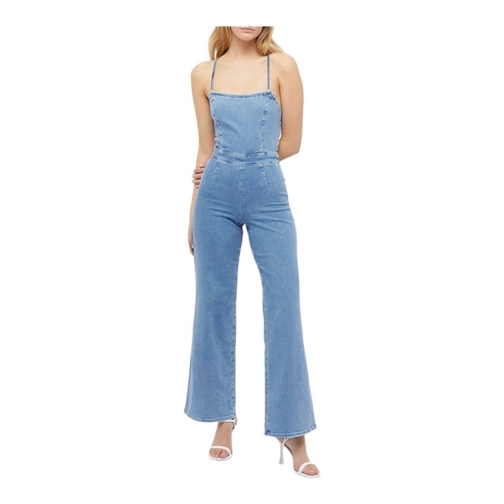 GOOD AMERICAN Vacay Denim Tie Back Flare Leg Jumpsuit NWT Size 0 - Picture 8 of 13